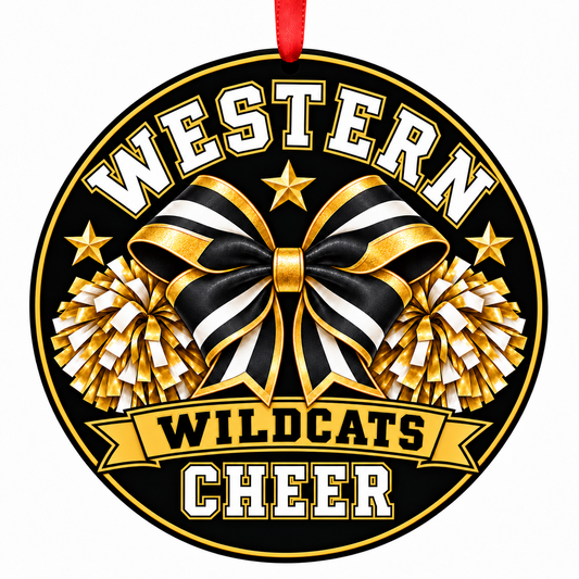 Western High School Wildcats cheer bow and pom-poms Christmas ornament in black, Vegas gold, and white with red ribbon