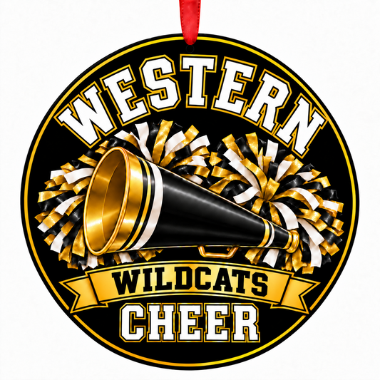 Western High School Wildcats cheer megaphone and pom-poms Christmas ornament in black, Vegas gold, and white with red ribbon