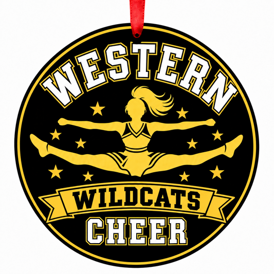 Western High School Wildcats cheer toe-touch jump Christmas ornament in black, Vegas gold, and white with red ribbon