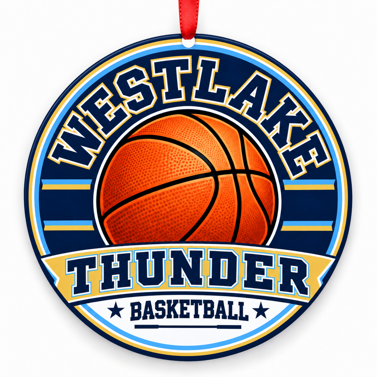 Westlake High School Thunder basketball Christmas ornament in navy, Columbia blue, and Vegas gold with red ribbon, Saratoga Springs, Utah