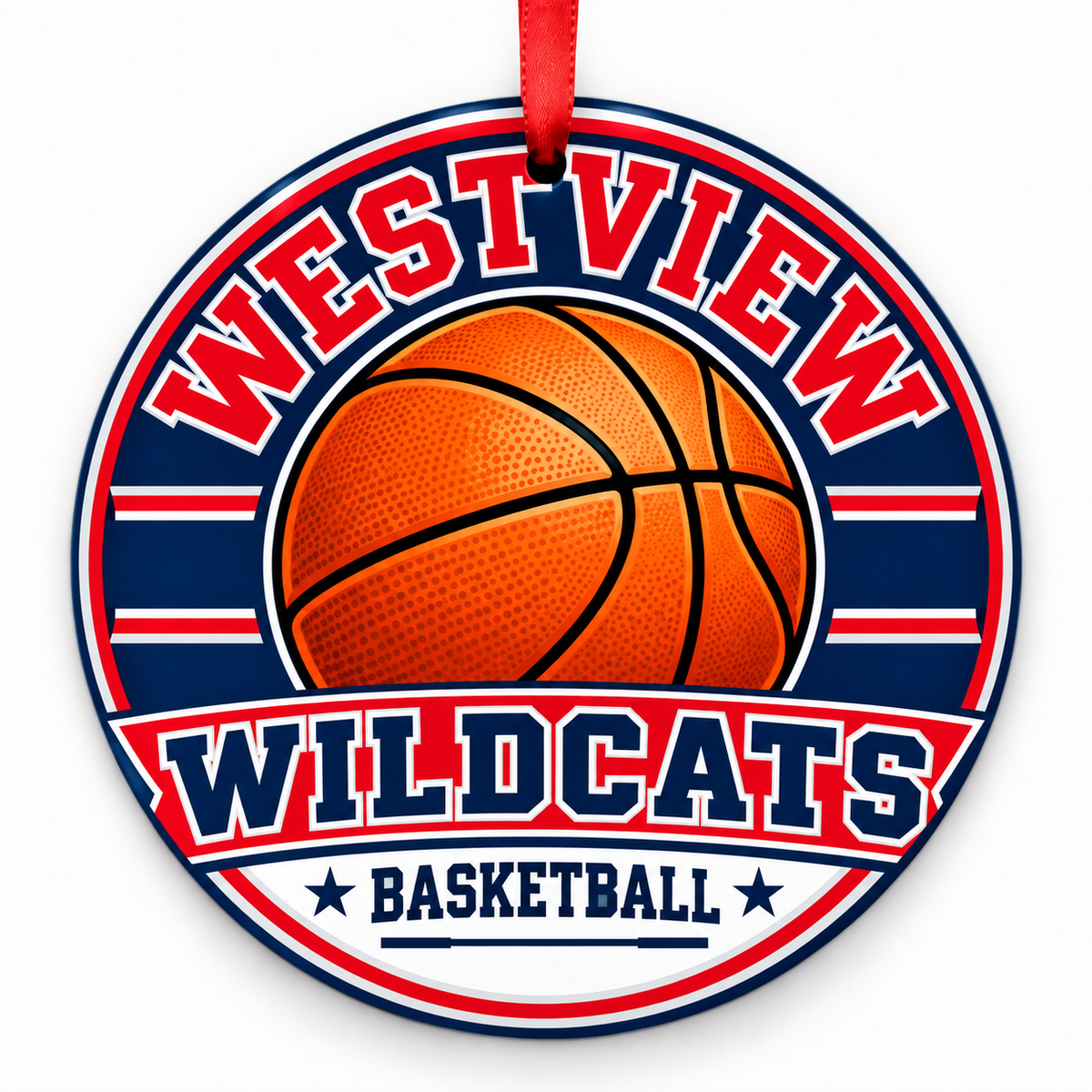 Westview High School Wildcats basketball ornament in red, navy blue, and silver with a red ribbon, Portland Oregon