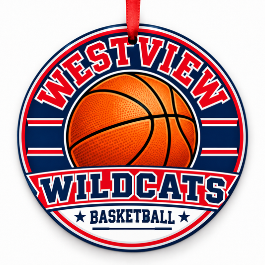 Westview High School Wildcats basketball ornament in red, navy blue, and silver with a red ribbon, Portland Oregon