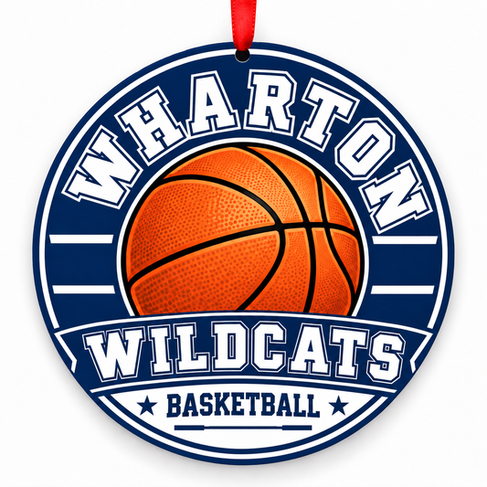 Wharton High School Wildcats basketball ornament in navy blue and white with a red ribbon, Tampa Florida