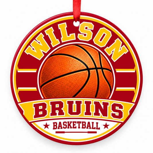 Wilson High School Bruins basketball Christmas ornament in cardinal and gold with red ribbon, Long Beach, CA