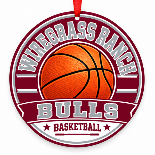 WIREGRASS RANCH HIGH SCHOOL Bulls basketball ornament in maroon; silver; white with a red ribbon, WESLEY CHAPEL FL